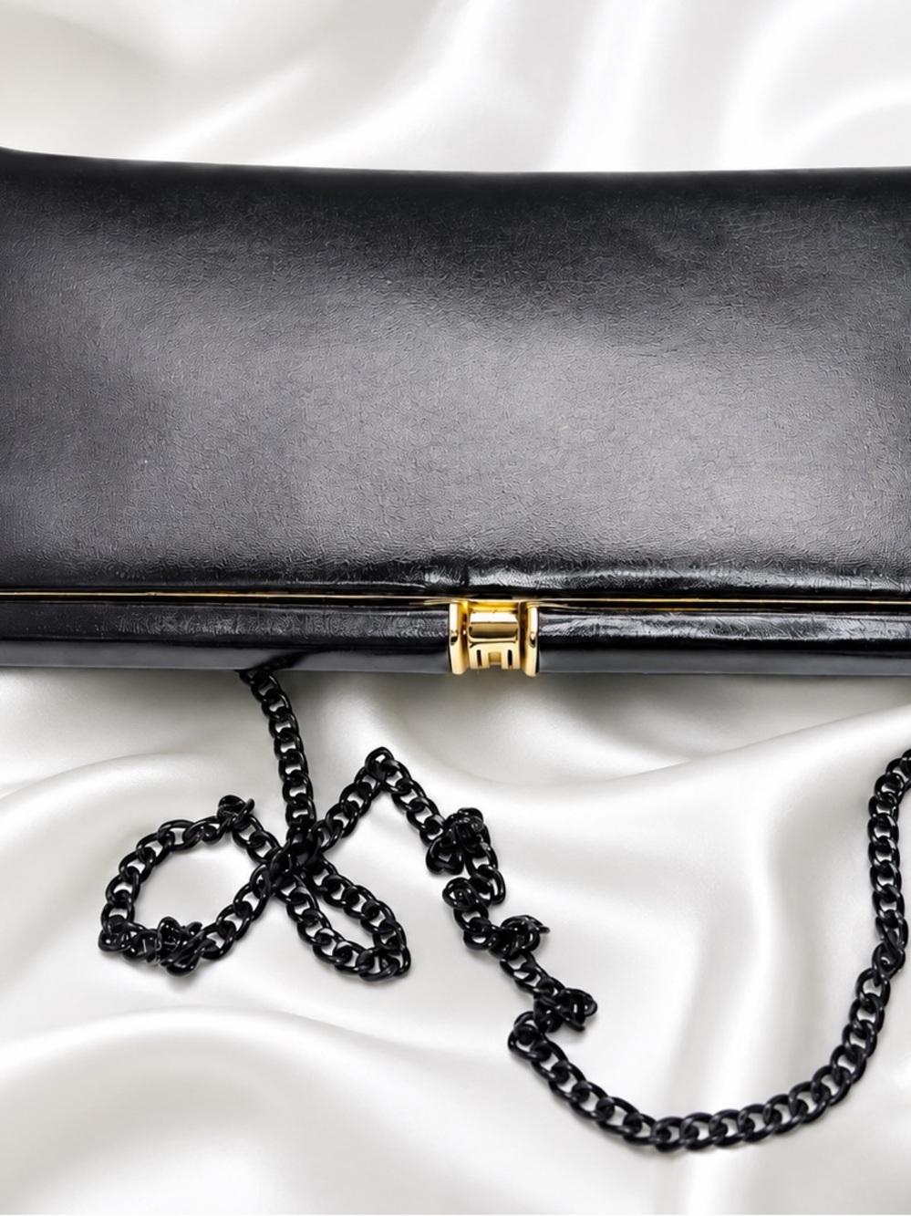 Vintage Black Leather Clutch Chain Bag Classic Evening Style